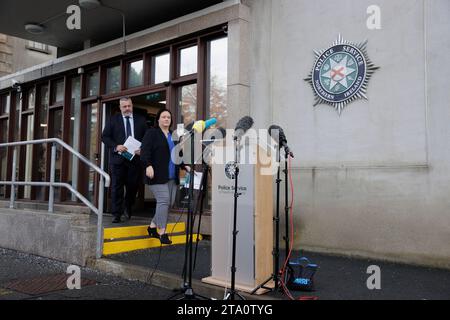 Detective Chief Inspector Neil McGuinness with Detective Inspector Gina Quinn from Police Service of Northern Ireland's major investigation team, arrive to speak to the media at PSNI Headquarters in Belfast, after an update on the medical practices of former consultant neurologist Dr Michael Watt. Picture date: Tuesday November 28, 2023. Stock Photo