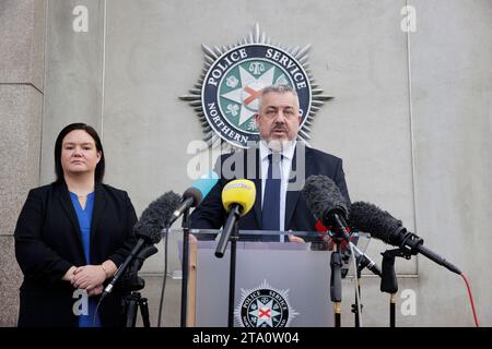 Detective Chief Inspector Neil McGuinness with Detective Inspector Gina Quinn from Police Service of Northern Ireland's major investigation team, speak to the media at PSNI Headquarters in Belfast, after an update on the medical practices of former consultant neurologist Dr Michael Watt. Picture date: Tuesday November 28, 2023. Stock Photo