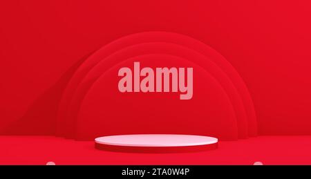 White Circle Shape Podium for Product Concept on a Red Studio Background With Circles Behind . Minimal Concept. 3D Render Illustration. Stock Photo