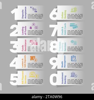 Infographics with Banking Operation theme icons, 10 steps. Such as deposits acceptance, lending of funds, funds remittance, lockers safe deposits and Stock Vector