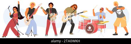 Rock band cartoon characters singing song playing music isolated set Stock Vector