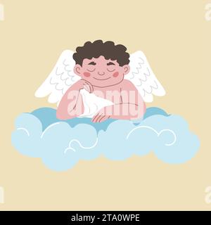 Kid angel with wings leaned on cloud in haven Stock Vector