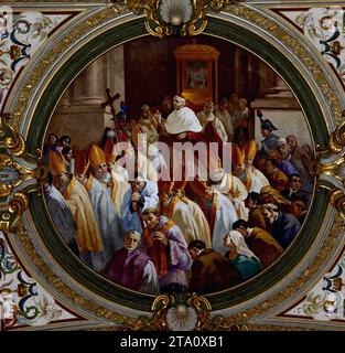 Interior decorated vault in Pontifical Shrine of the Blessed Virgin of the Rosary of Pompei , Cathedral of Pompeii - Sanctuary of Our Lady of the Rosary of Pompeii,   founded, 1876 - 1891, Italy, Italian, Stock Photo