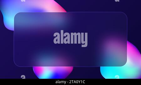 Glassmorphism frames with bright neon liquid shapes on dark purple background. Transparent glass plates with floating shapes. Vector illustration Stock Vector