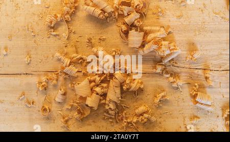 wood shavings in variety of sizes on a table, top view Stock Photo