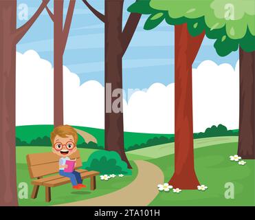 cute kid boy sitting on bench Stock Vector