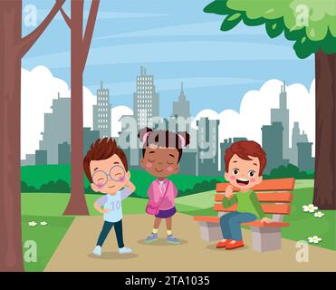 cute kid boy sitting on bench Stock Vector