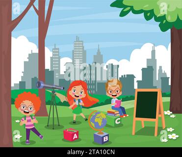 back to school school classroom and cute happy students Stock Vector