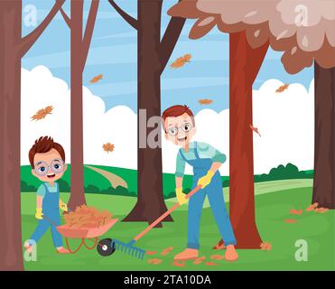 dad and cute boy cleaning dried leaves Stock Vector