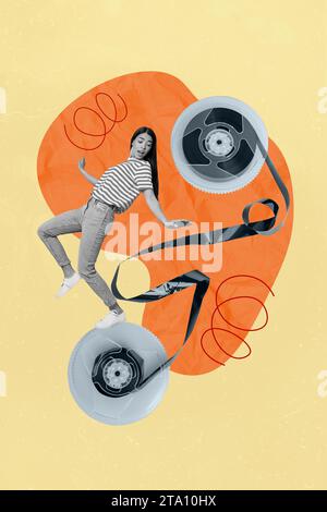 Vertical collage picture of impressed mini black white colors girl stand balancing big tape cassette isolated on beige background Stock Photo