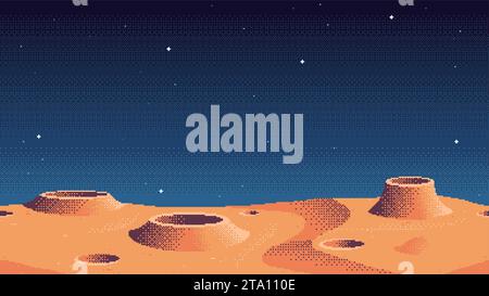 Pixel art game location. Cosmic area, planet surface riddled with craters. Seamless vector background Stock Vector