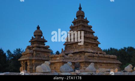 Two towers of sea shore temple in night view Stock Photo