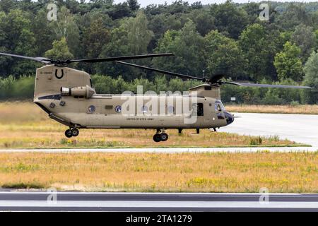 US Army Boeing CH-47F Chinook military transport helicopter taking off. USA - June 22, 2018 Stock Photo