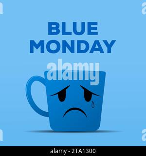 blue monday illustration design concept with blue cup with sad expression Stock Vector