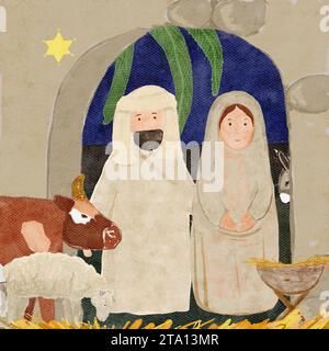 Hand painted watercolor manger, holy family, animals  Stock Photo