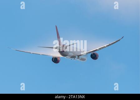 London Heathrow Airport, London, UK. 28th Nov, 2023. A Virgin Atlantic Airways Boeing 787-9 Dreamliner has taken off from Heathrow airport as flight VS100 - or Flight 100 - bound for New York JFK Airport flying entirely on sustainable aviation fuel. The aircraft will cover the 3,500 miles across the Atlantic without burning fossil fuels, thereby emitting a fraction of the global warming gases normally associated with air travel. The flight will use 60 tonnes of SAF; a combination of 88% fuel derived from used fats & oil from food industry & 12% synthetic plant-based kerosene Stock Photo