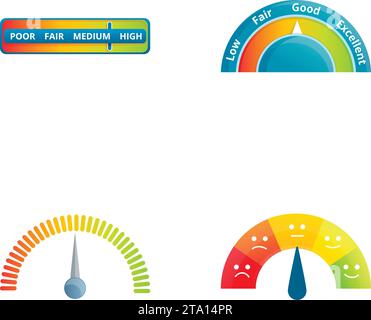 Speedometer icons set cartoon vector. Various measuring device. Indicator, measurement concept Stock Vector