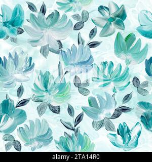 Seamless pattern of abstract turquoise flowers, original hand drawn, impressionism style, color texture, brush strokes of paint,  art background.  Mod Stock Photo