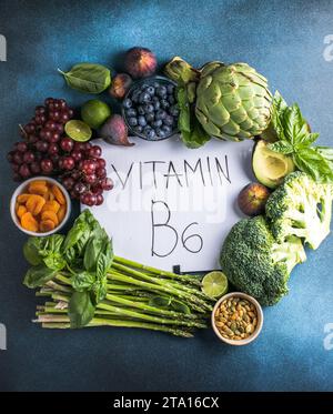 A set of natural products rich in vitamin B6 Pyridoxine.Iron rich food. Assortment of fruits and vegetables to prevent or fight anemia naturally. Natu Stock Photo