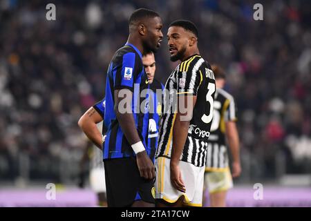 Marcus Thuram (Inter) talks whit Bremer (Juventus) during the Serie A Football match between Juventus FC and Inter at Allianz Stadium, on 26 November Stock Photo