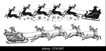 Santa Claus in sleigh full of gifts with flying reindeer. Merry Christmas and Happy New Year decoration Stock Photo