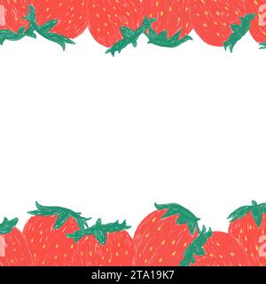 Hand drawn vector illustration of strawberry with blank space for text. Fruit border frame for lettering on white background. Stock Vector