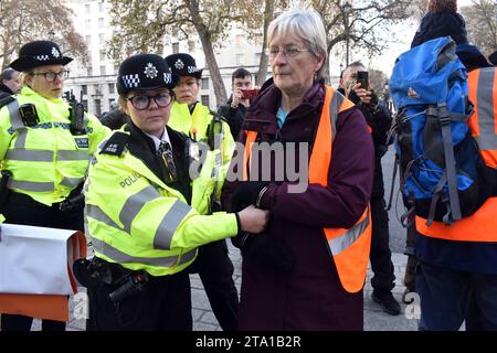 London, UK. 28th Nov, 2023. Just Stop Oil slow walk down the pavement in Whitehall past the Horse Guards down to Downing Street. They then started to walk in the road and were instantly arrested. Credit: JOHNNY ARMSTEAD/Alamy Live News Stock Photo
