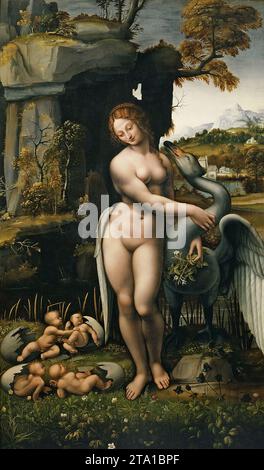 Leda and the Swan is a tempera on-panel painting by followers of Leonardo da Vinci Stock Photo
