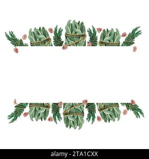 Rectangular frame of herbs painted in watercolor. Bouquets of herbs, white sage, basil for aromatherapy and fortune telling, runes on stones painted Stock Photo