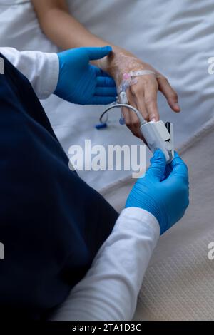 Hand of female patient with iv drip in bed in hospital room Stock Photo ...