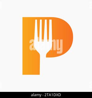 Fork Logo On Letter P With Kitchen and  Restaurant Symbol Stock Vector