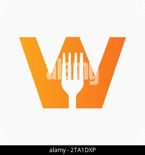 Fork Logo On Letter W With Kitchen and  Restaurant Symbol Stock Vector