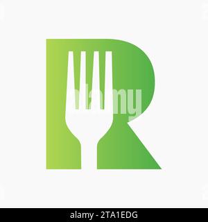 Fork Logo On Letter R With Kitchen and  Restaurant Symbol Stock Vector