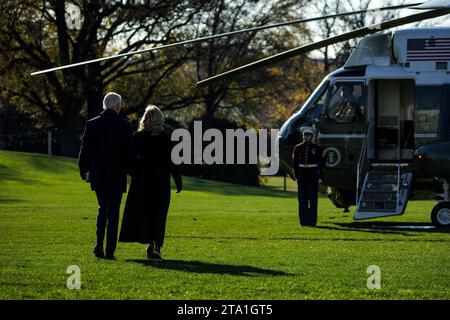 Washington, United States. 28th Nov, 2023. President Joe Biden and First Lady Jill Biden walk across the South Lawn towards Marine One at the White House on November 28, 2023 in Washington, DC The President and First Lady are traveling to Atlanta, Georgia, to attend a memorial service for former First Lady Rosalynn Carter. (Photo by Samuel Corum/Pool/ABACAPRESS.COM) Credit: Abaca Press/Alamy Live News Stock Photo