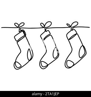 Christmas socks garland in single line style. One continuous line drawing. Vector illustration isolated on white background. Stock Vector