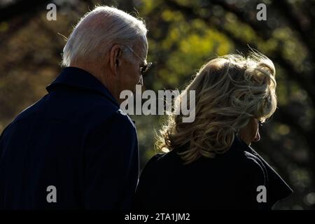 Washington, United States. 28th Nov, 2023. President Joe Biden and First Lady Jill Biden walk out of the South Portico towards Marine One on the South Lawn of the White House on November 28, 2023 in Washington, DC The President and First Lady are traveling to Atlanta, Georgia, to attend a memorial service for former First Lady Rosalynn Carter. (Photo by Samuel Corum/Sipa USA) Credit: Sipa USA/Alamy Live News Stock Photo