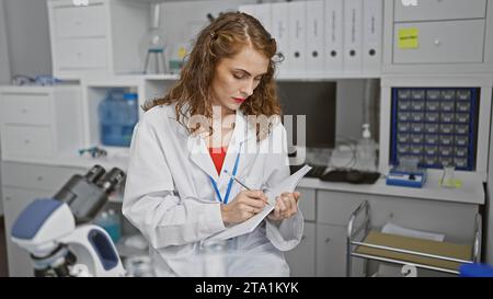 Young woman scientist taking notes at laboratory Stock Photo