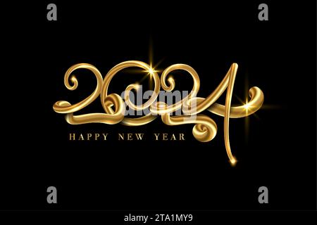 Happy new year 2024 banner. Golden luxury text 2023 Happy Holiday Gold Festive Numbers Design, vector illustration isolated on a black background Stock Vector