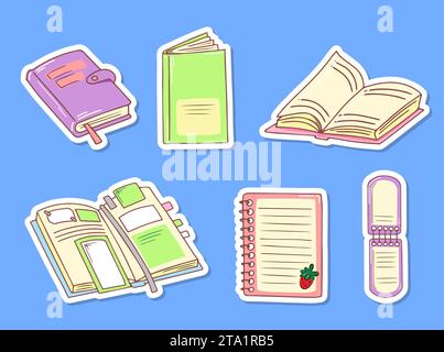 Set of books, planners with bookmarks, notebooks. Hand drawn doodle stickers. Colored vector illustration isolated. Stock Vector
