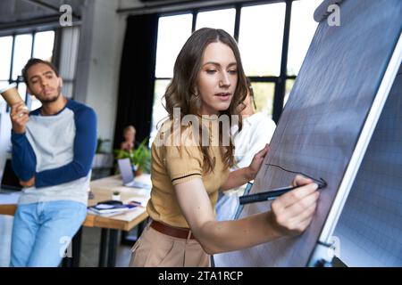 creative woman drawing infographics on flip chart near african american colleagues with coffee to go Stock Photo