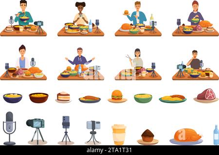 Mukbang icons set cartoon vector. Video recording blogger. Eating food camera Stock Vector