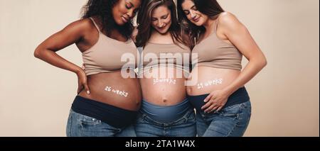 Diverse pregnant women in their third trimester stand together, smiling at their baby bumps. They support each other in a studio, celebrating motherho Stock Photo