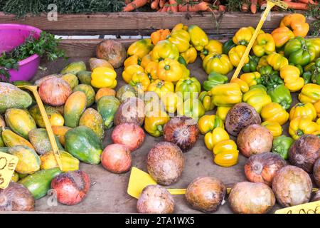 Peppers and papayas at the public market in St-Leu, Reunion Island, France. Stock Photo