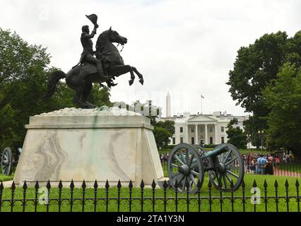 Washington, DC - June 02, 2018: Andrew Jackson's statue in Lafayette Square and the White House. Stock Photo