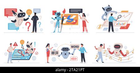 Artificial intelligence interacts with people. Computing system self development, chatbots help, robot executes commands, translator, artist and Stock Vector