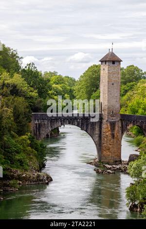 The 13th century fortified Old Bridge, classified as a historic monument. Orthez, Pyrenees-Atlantiques, France Stock Photo