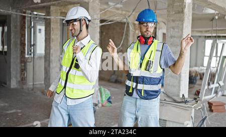 Two men builders smiling confident dancing at construction site Stock Photo