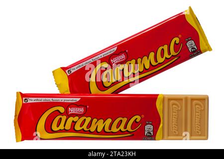 bars of Nestlé Nestle Caramac chocolate one opened to show contents isolated on white background - looking down on from above The Caramel Flavour bar Stock Photo