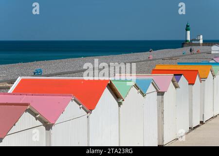 Bathing huts on the beach, Le Treport, Le Treport, Seine-Maritime, English Channel, Normandy, France Stock Photo