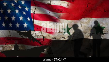 Conflict between USA and Syria concept. Political tension between the USA and Syria. United States vs Syria flag on cracked wall Stock Photo